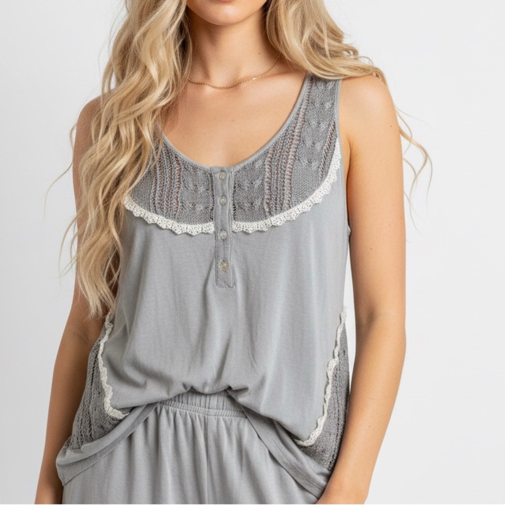 POL Jersey Henley BohoChic Croquette Tank Top